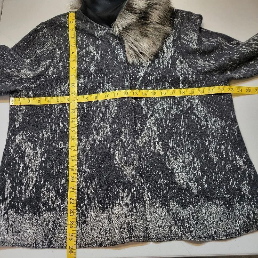 Chico's Wool Gray Button Up Cardigan Sweater Jacket with Faux Fur Collar